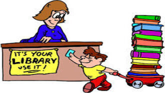It's your library, use it.  small child pulling a wagon of books to the circulation desk